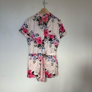 Victoria's Secret Satin Pink Floral Drawstring Waist Romper Pajamas Size Medium‎